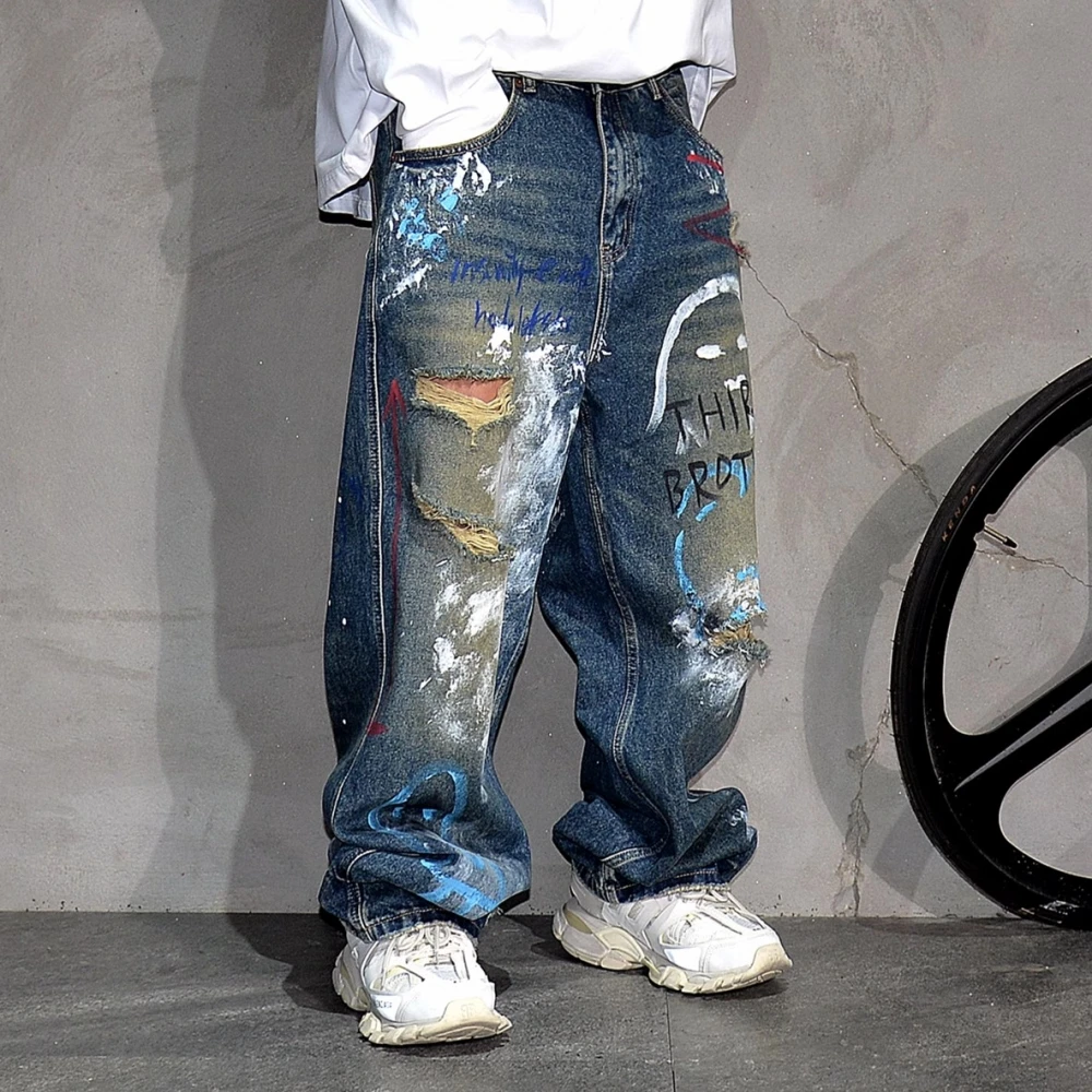 High End Men'S Clothing Hip Hop Graffiti Baggy Jeans For Men Streetwear Skateboard Ripped Jeans Korean Trendy Denim Trousers