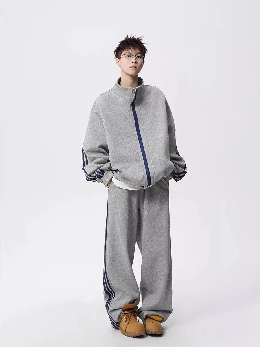 

Комплект спортивной одежды большого размера 300 Pou: мужской и женский осенне-зимний кардиган с полосками, худи, куртка, широкие брюки