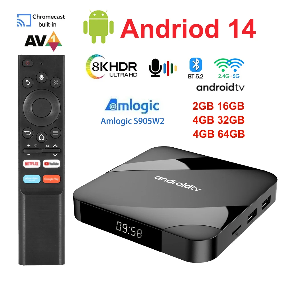 Smart TV Box Android 14 4GB 32GB/64GB Amlogic S905W2 5G Dual Wifi 8K Media Player 2GB16GB BT Voice Remote 4K AV1 Set Top Box