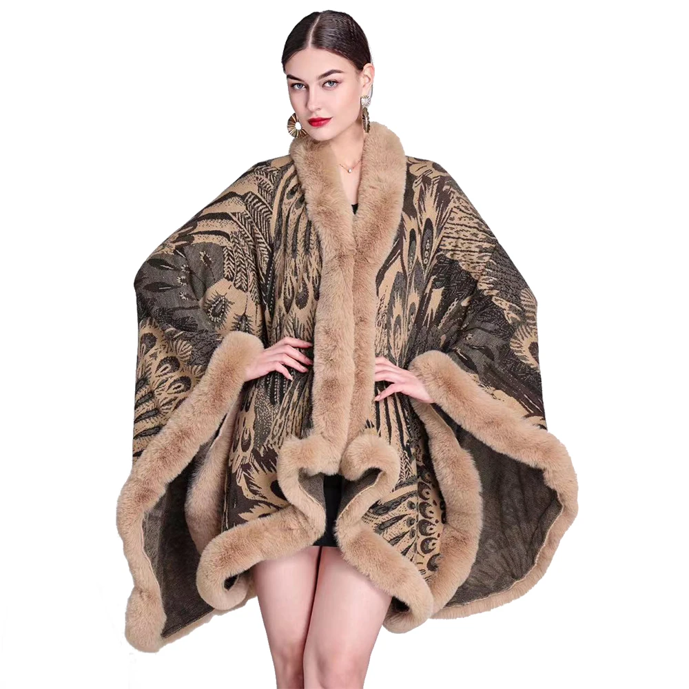 

Lady Elegant Rex Rabbit Faux Fur Collar Shawl Women Luxury Warm Overcoat Autumn Winter Cloak Jacquard Knitted Woolen Coat Wrap