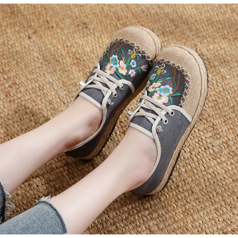 Careaymade-Hot Flats Women Shoes Embroider Retro Lace-up Round Toe Cotton Linen New Handmade Concise Comfortable Ladies Shoes