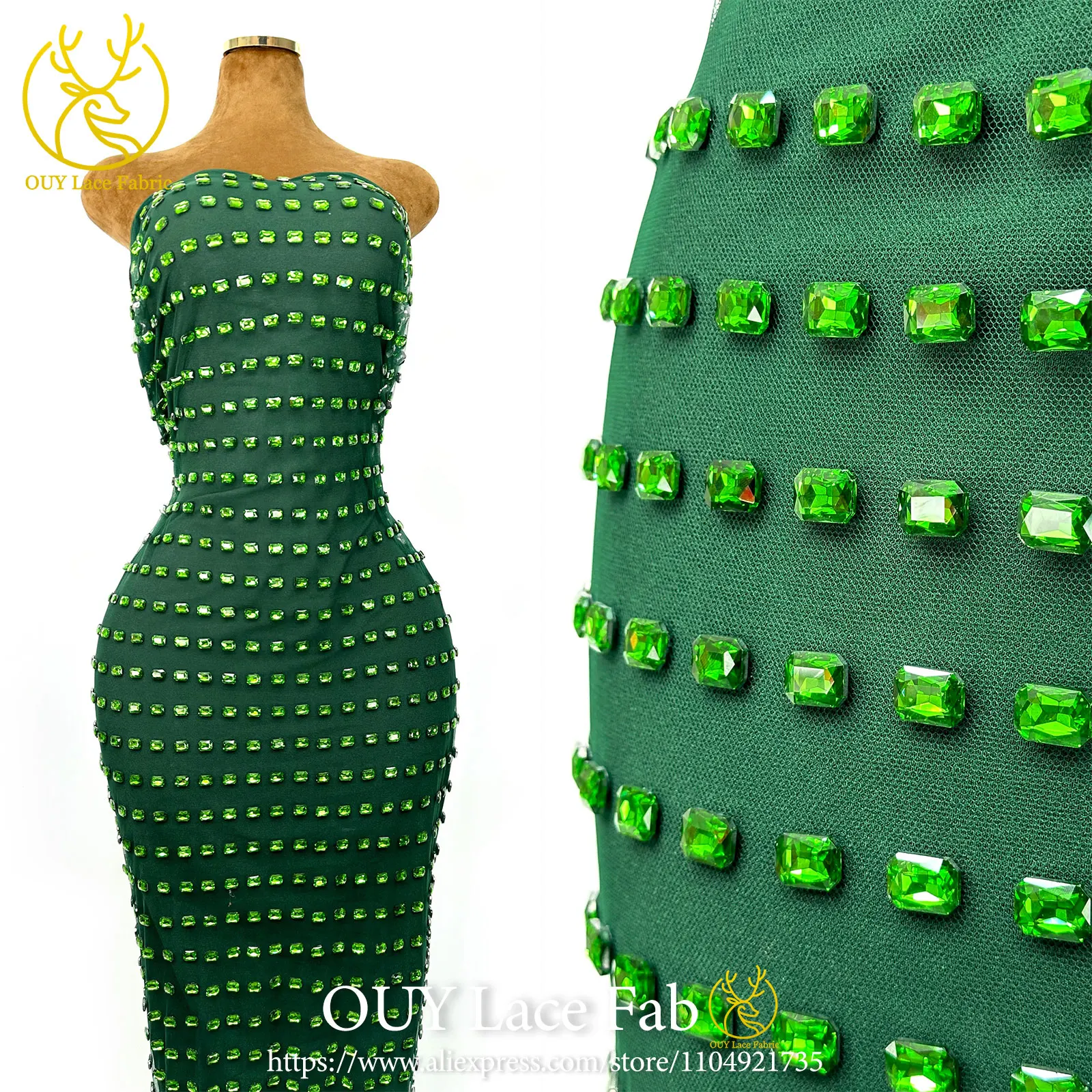 Luxury Heavy Stone Lace Fabric Green 2026 High-Quality Nigerian African Tulle Lace Fabric Suitable for Women's Party Dresses