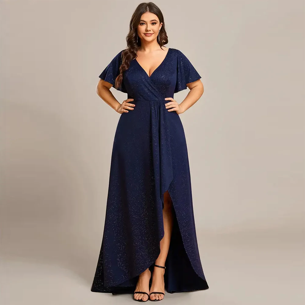 BAZIIINGAAA Party Dress Plus High Low Split Shiny Evening Dresses With Ruffle Sleeves