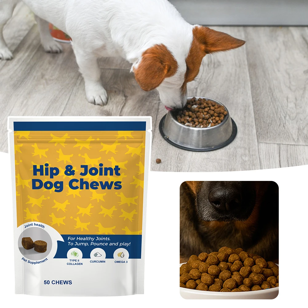 Suplemento para Cadera y Articulaciones para Perros, 50 Unidades, Masticables para Articulaciones, Colágeno, Glucosamina, Condroitina, Omega 3, Curcumina para la Salud Canina