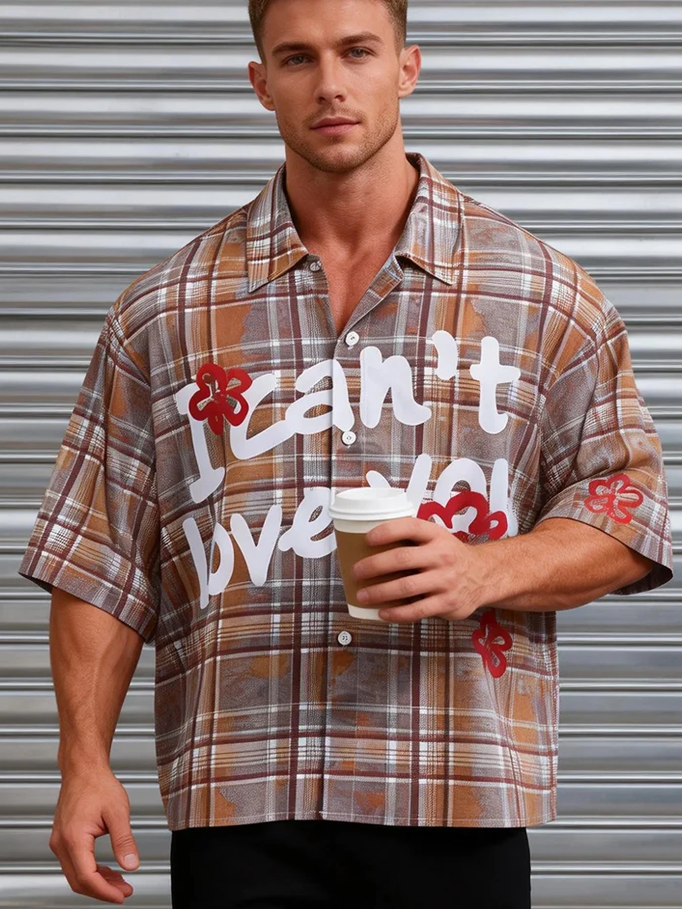 Men's Coffee-Colored Plaid Short-Sleeve Collared Shirt, Letter and Floral Print Loose Top, American Retro Street Style Short Open-Front Shirt