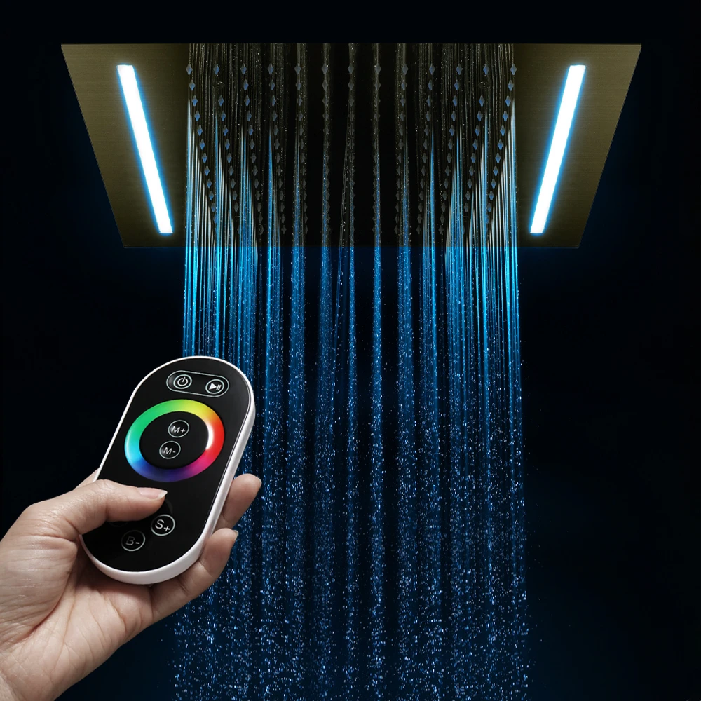 Brushed Golden Wall Mount Hot&Cold Water Bathroom Shower Faucet Set with Ceiling Embedded Rain 500x360mm Shower Head