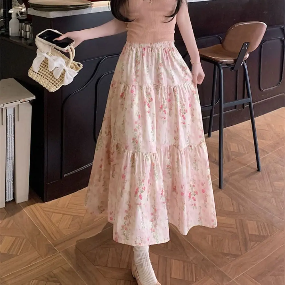 Gonna lunga floreale a vita alta streetwear Gonna lunga a vita alta patchwork sottile da donna Gonna a strati a trapezio con fiori dolci Ragazza