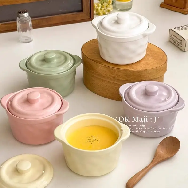 

Elegant Ceramic Double-Handle Steamer Pot- Aesthetic Steamer Pot for Bird's Nest&Custard, Mini Bowl for Solo Dining Healthy Gift