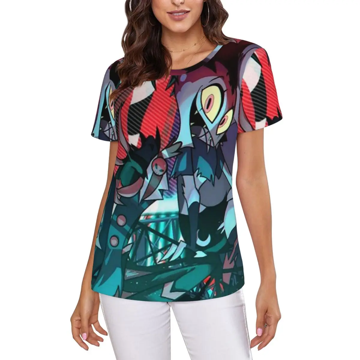Loona Collage Helluva Boss Anime T-Shirt Women Short Sleeve T Shirts Round Neck Clothes Cotton Summer Tees Streetwear