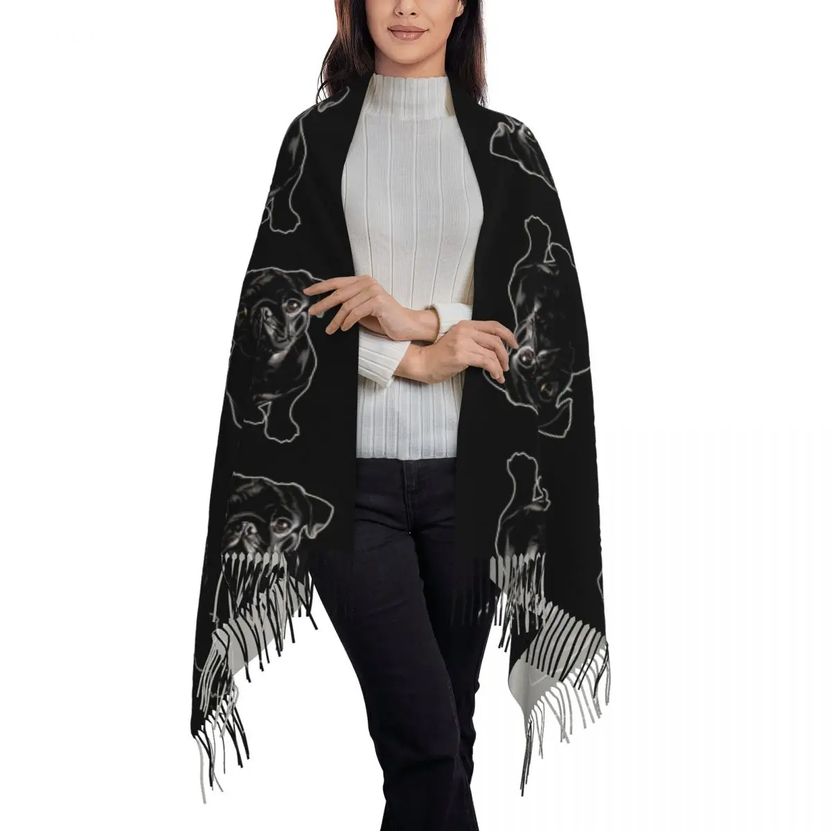 Cute Adorable Black Pug Scarf Tassel Scarves Women Soft Warm Shawls and Wraps Long Fall Winter Shawl Wrap