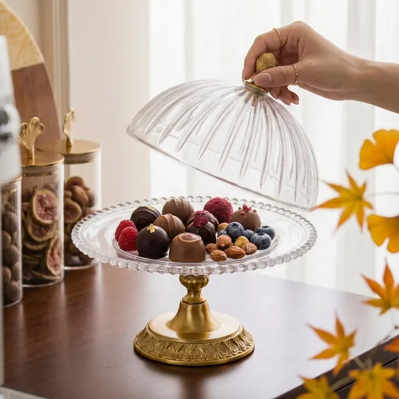 French court style brass fruit plate living room European crystal glass snack plate with lid pastry tray decorative ornament