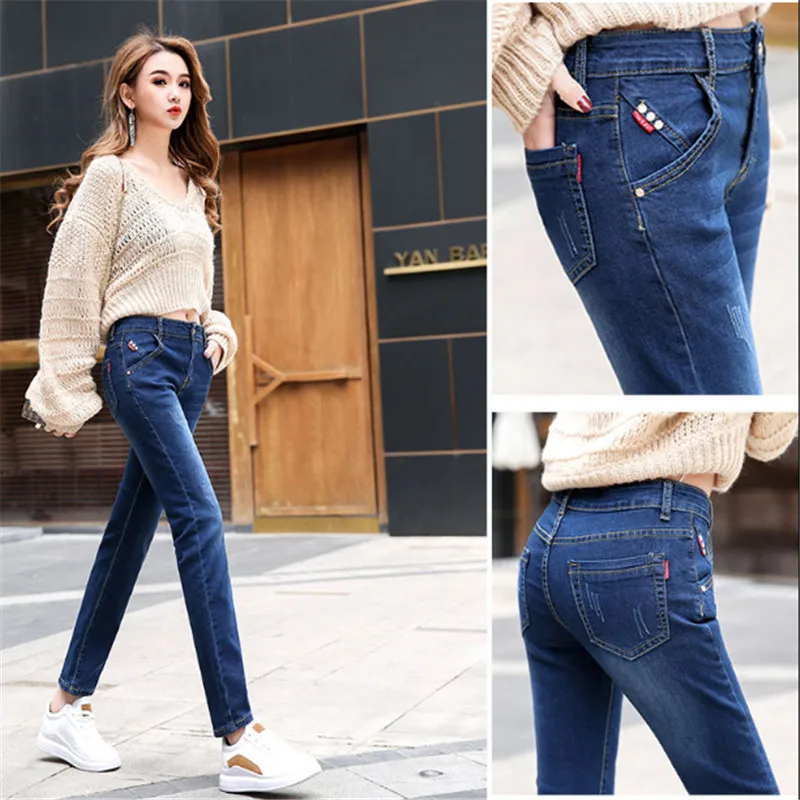 Dames Hoge Taille Rechte Jeans Casual Katoenen Skinny Lange Potloodbroek Kantoor Dame Korte Grote Maat Denim Broek