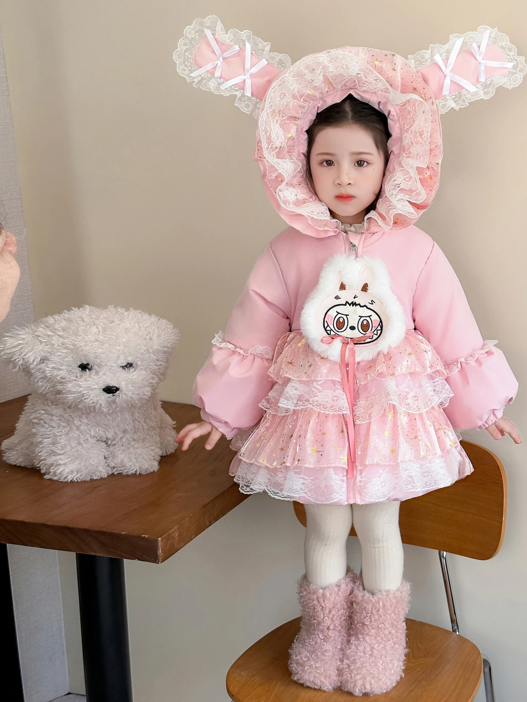 

Демисезонная куртка для девочек Thiened Fce: хлопковая, с мультяшным принтом, утепленная, с длинными рукавами, на молнии, с капюшоном