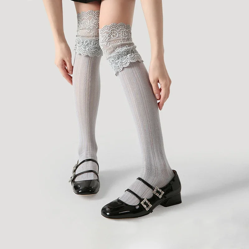 

Полупрозрачные чулки до колена с французскими кружевными манжетами, кавайные носки в стиле Лолиты, элегантные готические ажурные носки
