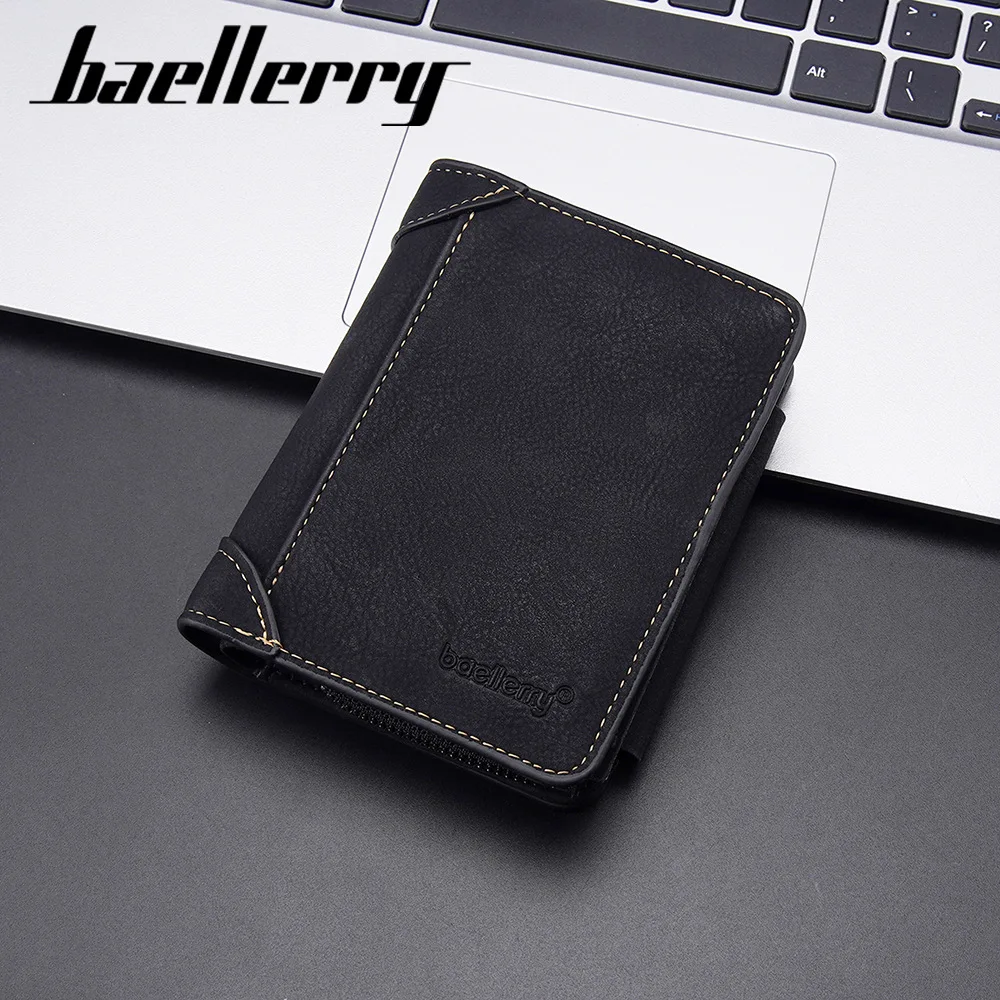 Baellerry New Men's Short Wallet Retro European and American Three fold Multi Card Zipper Men's Change Bag Card Bag