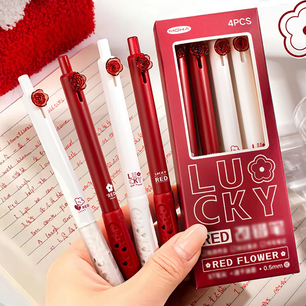 4PCS Transparent Rose Red Press Pen, Student Stationery Red Pen, Teacher Correction Neutral Pen,Soft Grip, Smooth Writing