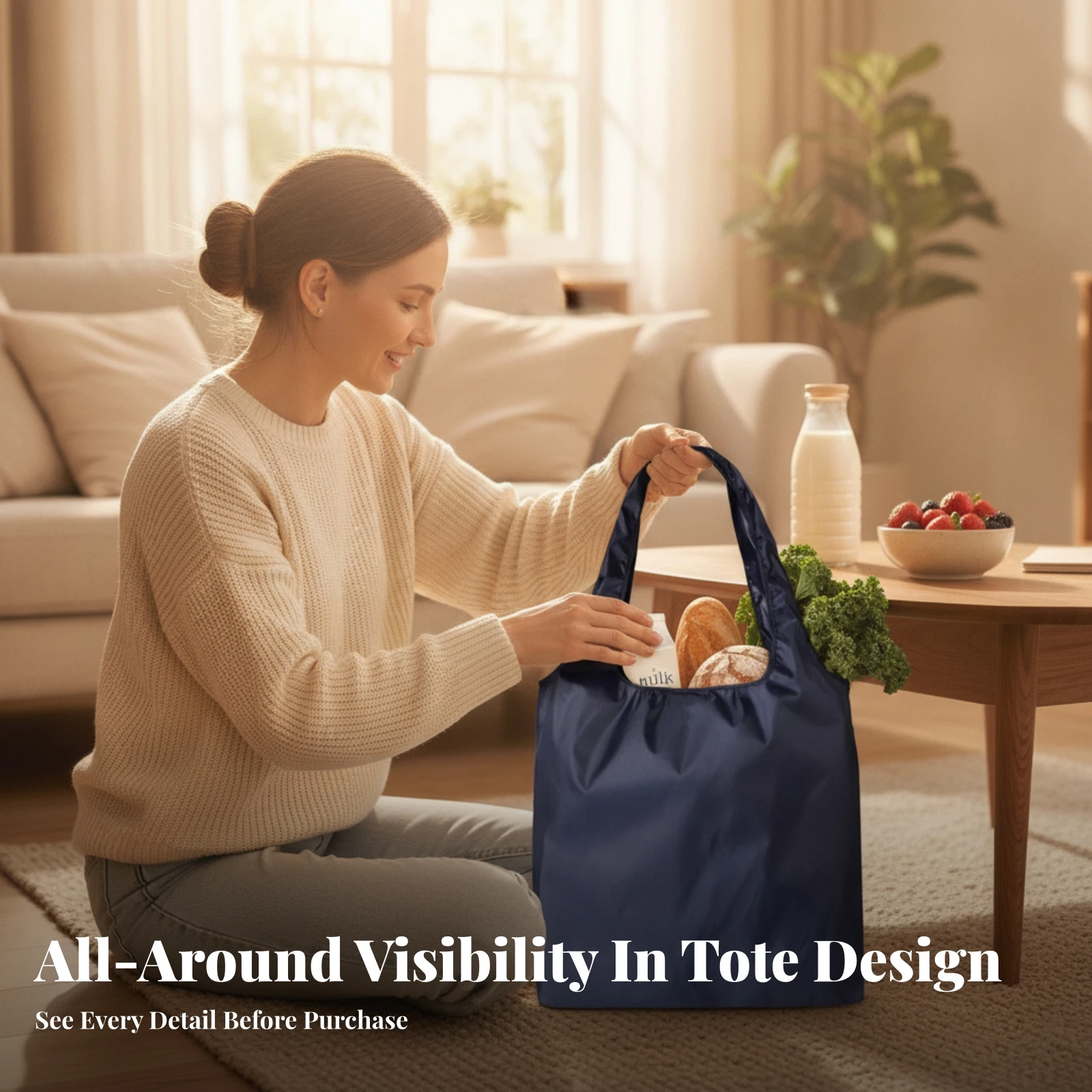 Foldable Tote Bag Durable Tote Bag with Inner Zipper Pocket Handbag Anti-Water Non for Shoppers, Shopping, Daily Use