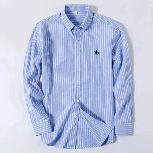 Imagen 2 del producto Nueva camisa Oxford de algodón puro para hombre, camisas informales a rayas a cuadros de manga larga, camisa de trabajo con botones de ajuste Regular y bolsillo para hombre
