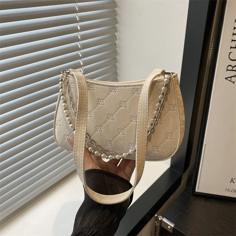 

Bow Embroidery Women's Phone Shoulder Bags Thread Design Casual Ladies Underarm Bag Portable Female Pearl Chain Handbags Purse