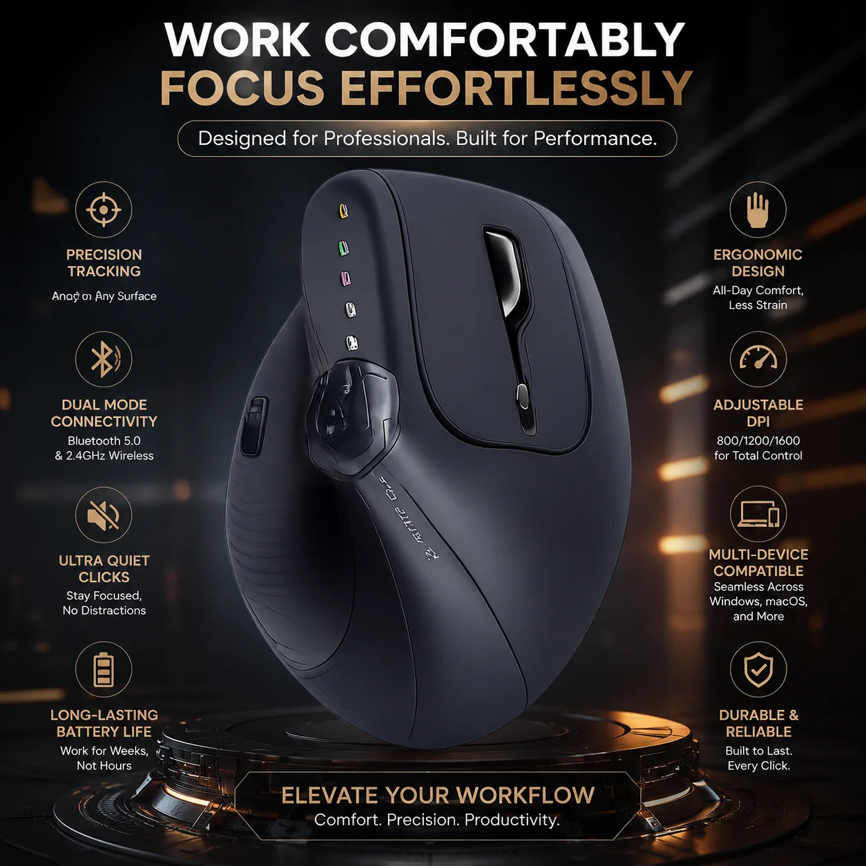 2.4G Wireless Bluetooth Dual-Mode Ergonomic Design Vertical Mouse Rechargeable Silent Optical Mouse For PC Computer Laptop