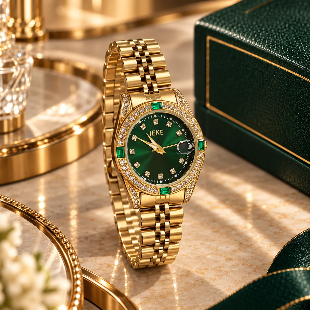 KAIRIS Women's Gold Quartz Watch Green Dial Rhinestone Bezel Luxury Bracelet Diamond Crystal Fashion Wristwatch for Ladies