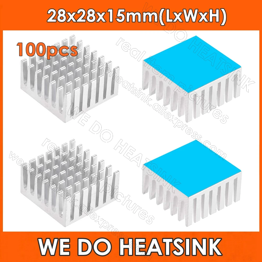 

WE DO HEATSINK 100pcs 28x28x15mm ROHS Thick Base Silver Aluminum Heat Sink With Thermally Conductive Double Side Adhesive Pad