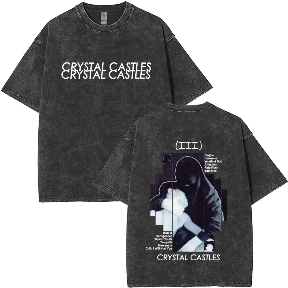 Washed Vintage Crystal Castles III Album Graphic T-shirt Men Women Retro Gothic Rock Streetwear Male Casual Oversized T-shirts
