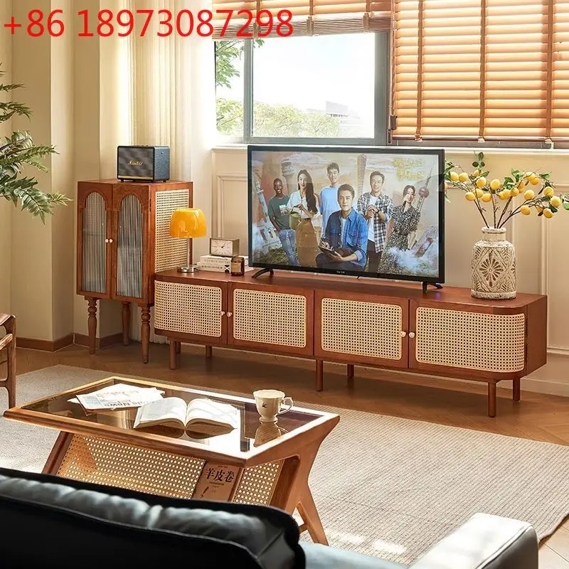 

French retro rattan solid wood homestay living room home ash wood TV cabinet