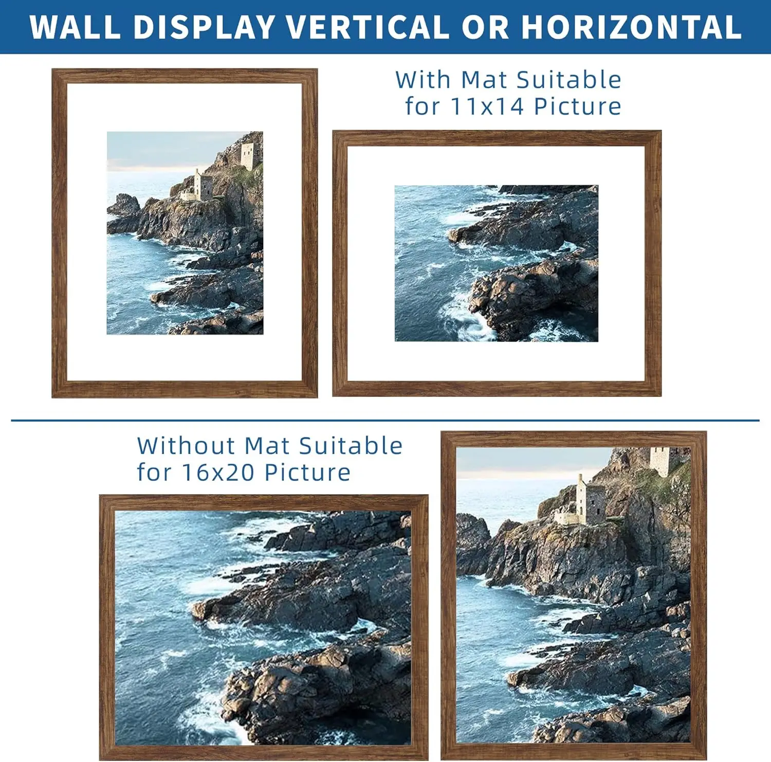 16x20 Frames Set of 2, Rustic Brown Wood Style - Display 16 x 20 Picture without Mat or 11x14 Picture with Mat, Wall Mounting Ho