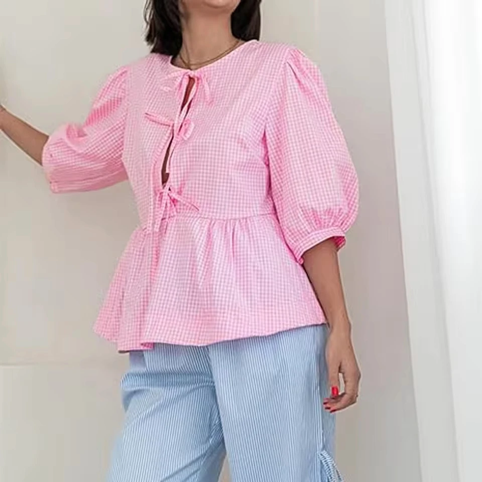 

Cropped Button Down Shirts For Women Women Puff Short Sleeve Peplum Shirts Tie Front Ruffle Hem Blouse Ropa De Mujer Ofertas