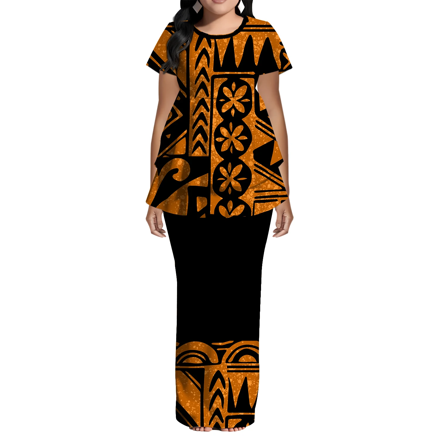 ポリネシアの伝統的な女性用プネタシ、サモア島の部族デザイン、高品質の半袖フィッシュテールトップスとスリムフィットスカート