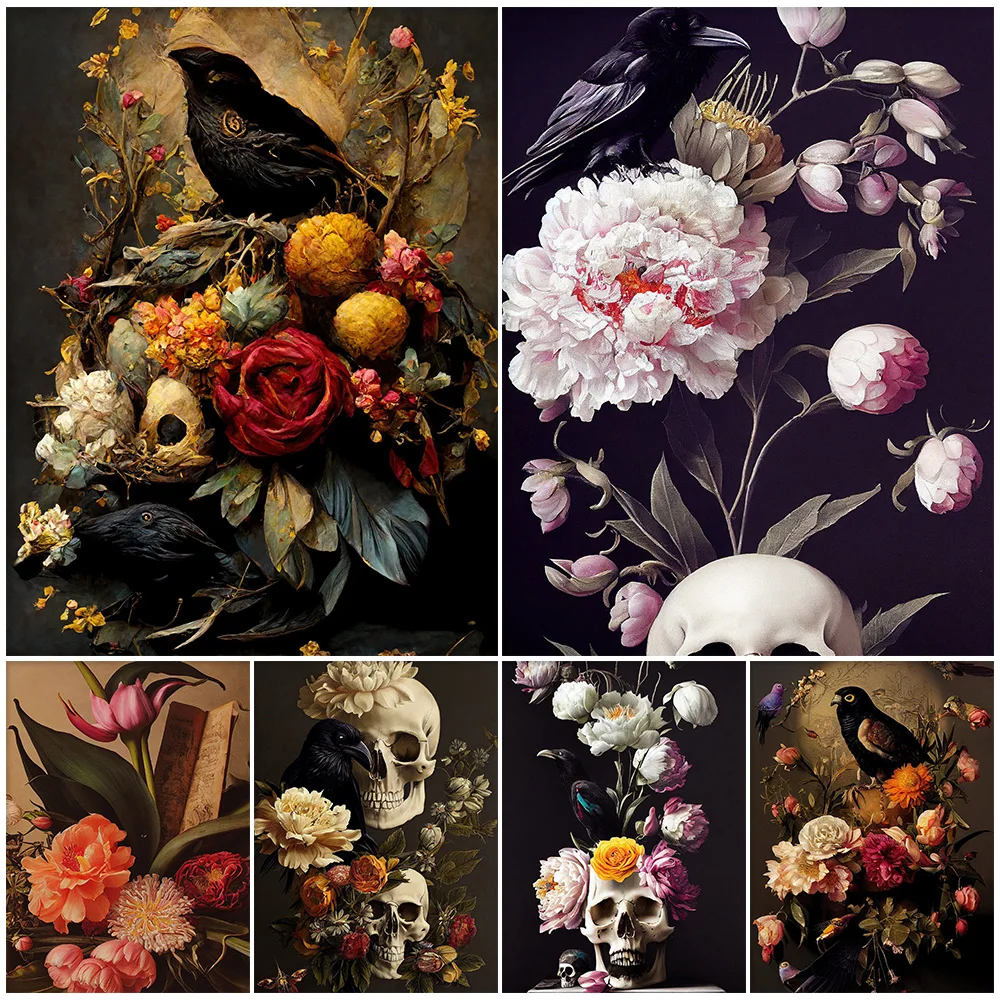 

Dark Floral Crow Still Life Gothic Wall Art Canvas Painting Rose,Skull,Peony,Tulip,Skull,Autumn Cottagecore Vintage Art Poster