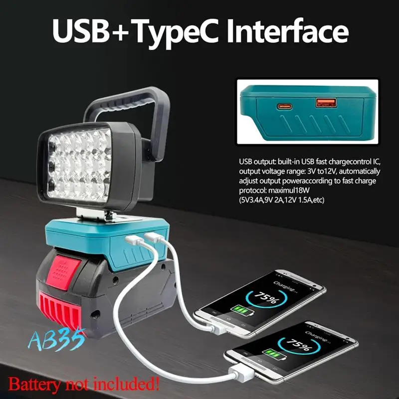 

AB35-LED Work Lights Handheld Lamp Portable Lanterns Flashlight Spotlights Torch For 18V Li- Battery BAT618 18 Beads