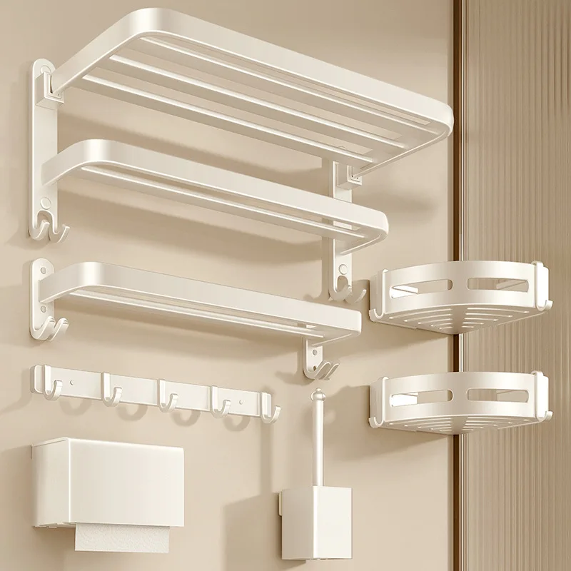 Cream Wind Towel Rack, Toilet Non-punching Bath Towel Rack, Bathroom Toilet Wall Hanging Space Aluminum Storage Hanging Rod