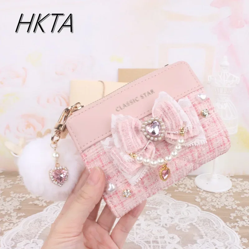 Japanese Handmade Wallet for Women Sweet Mine Bow Lace Edge Rhinestone Short Wallet Girls Small Bag