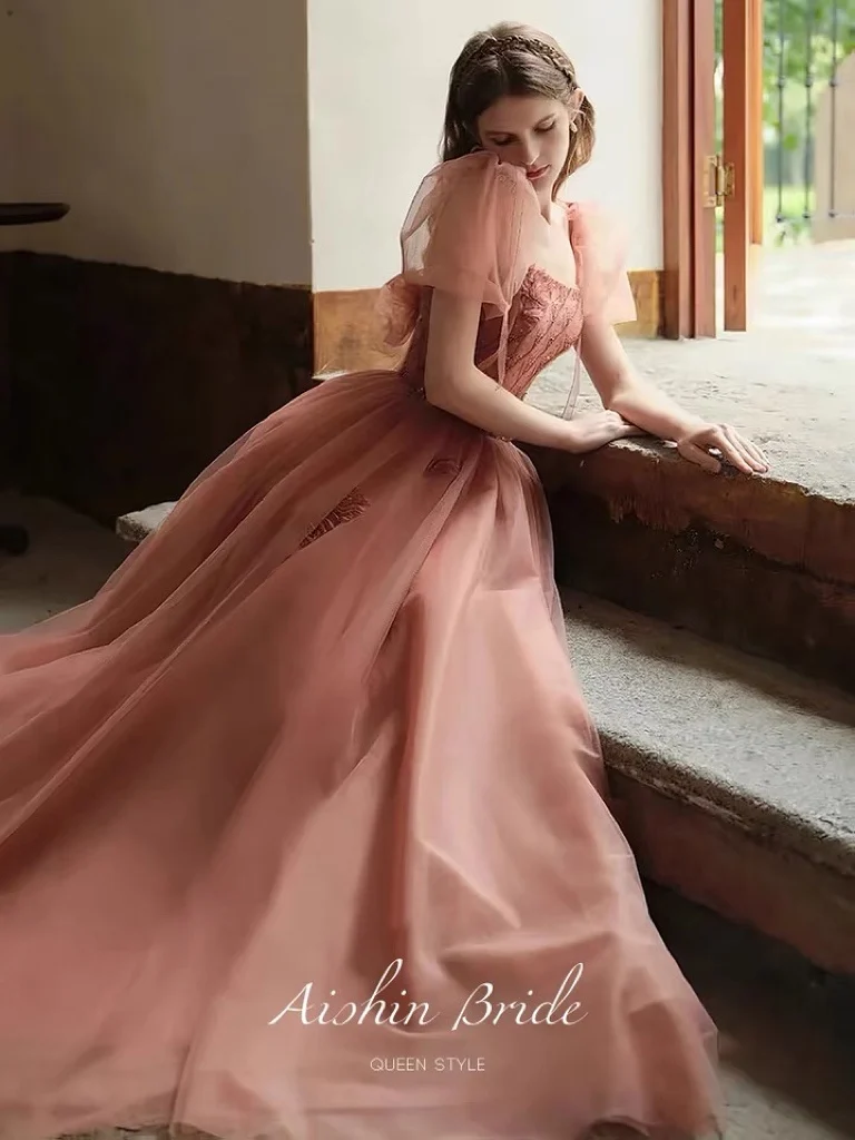 Orange Pink Evening Dress Strapless Puff Sleeves Luxury Beading Tulle Applique A Line Wedding Party Celebrity Prom Gown 2023 New