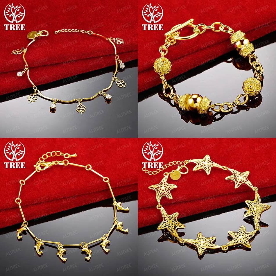 

New High-Quality 18k Gold Four-Leaf Clover Dolphin Starfish Bead Bracelet Women Party Wedding Accessories Noble Luxury Jewelry