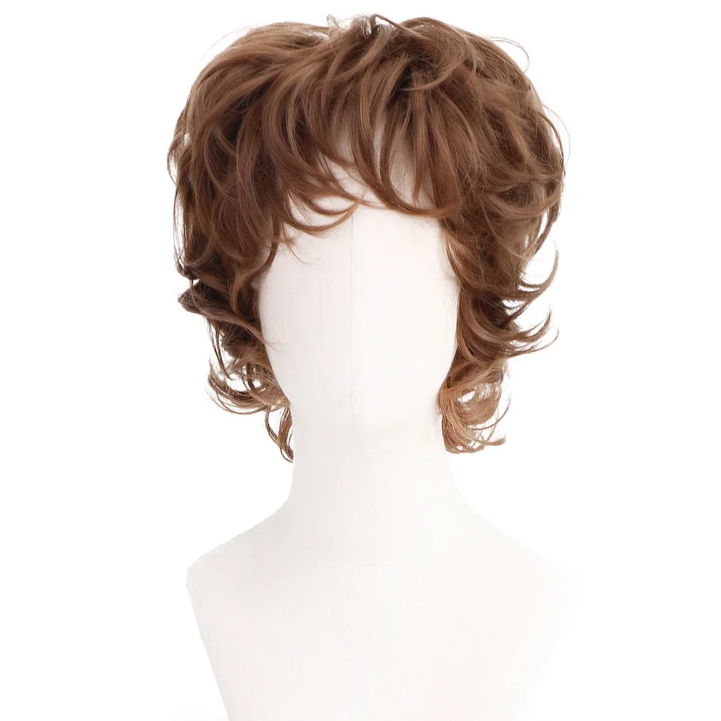 Free beauty Brown Short Curly Men Wig-Synthetic Layered Anime Cosplay Party Costume Halloween Hair Wigs