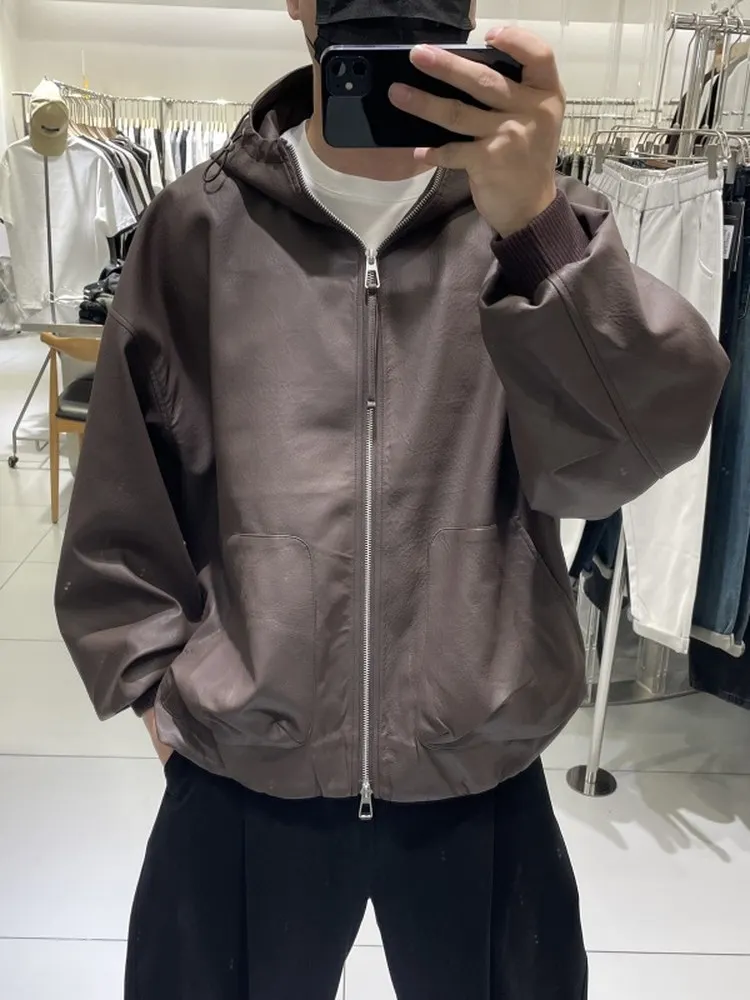 

Casual American Sle Leather Jaet Soft PU Hooded Men's Faionable Versatile Autumn New Sle Windproof Warm Elastic