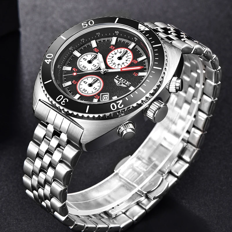 LIGE Quartz Men\'s Watches Fashion Stainless Strap Casual Sport Man Watch Top Brand Luxury Business Luminous Waterproof Clock+Box