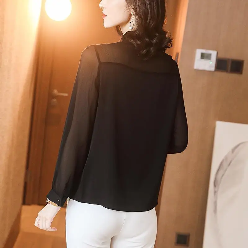 Elegant Solid Color Button Spliced Gauze Ruffled Neck Blouse Women Clothing 2022 Autumn New Loose Casual Tops Office Lady Shirt