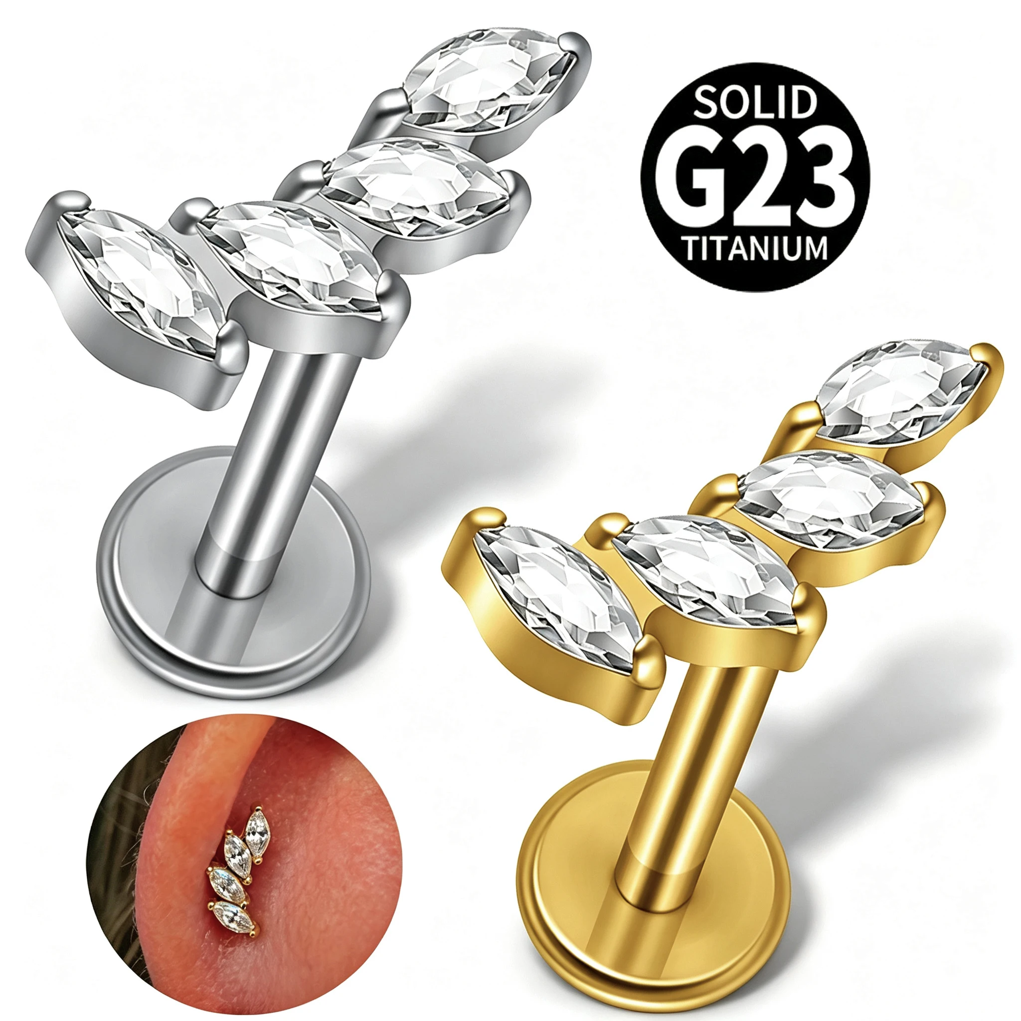 16G G23 Titanium Curved Cartilage Stud Sparkly Clear Crystal Internal Thread Tragus Helix Conch Labret Lip Ear Piercing Jewelry