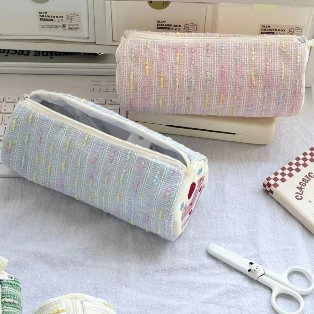 Sweet Large Capacity Strawberry Cake Pen Bag Cute Pen Pouch Stationary Cloth Box Portable Woven Cartoon Pencil Case Students