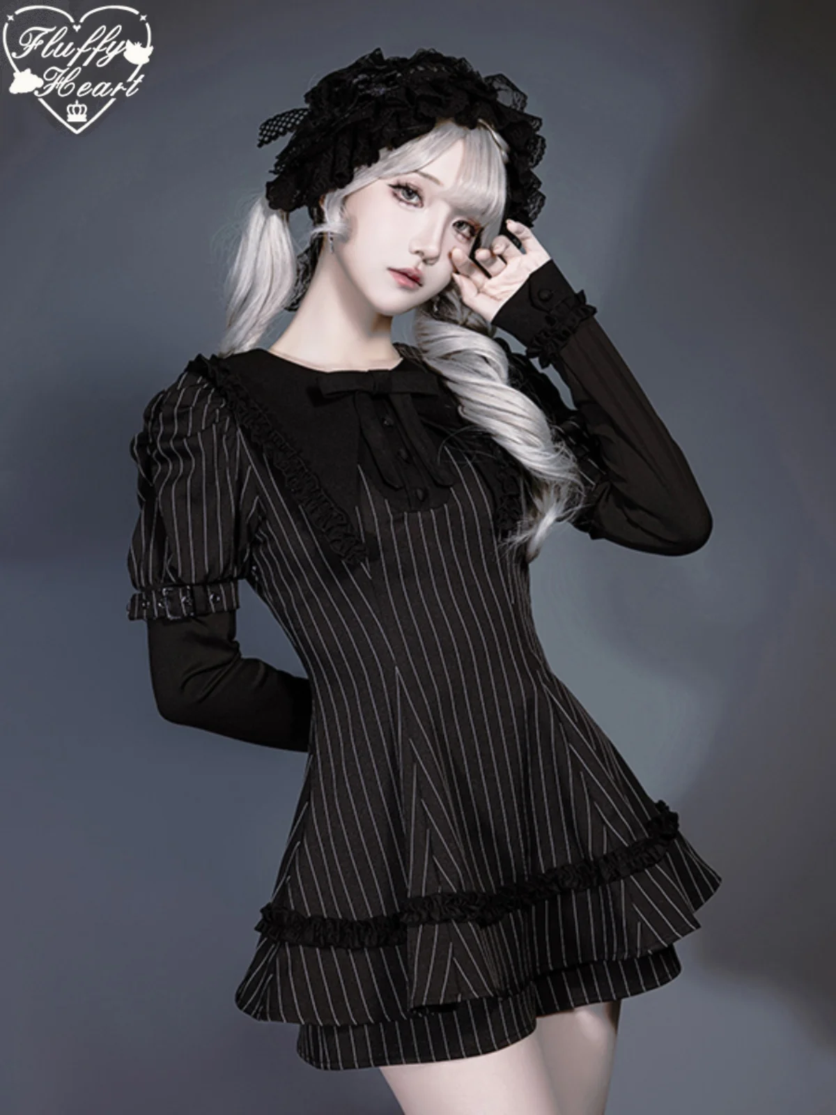 Halloween Witch Suit New Autumn Japanese Girl Womens Pointed Collar Black and White Striped Long Sleeve Dress Top and Shorts Set