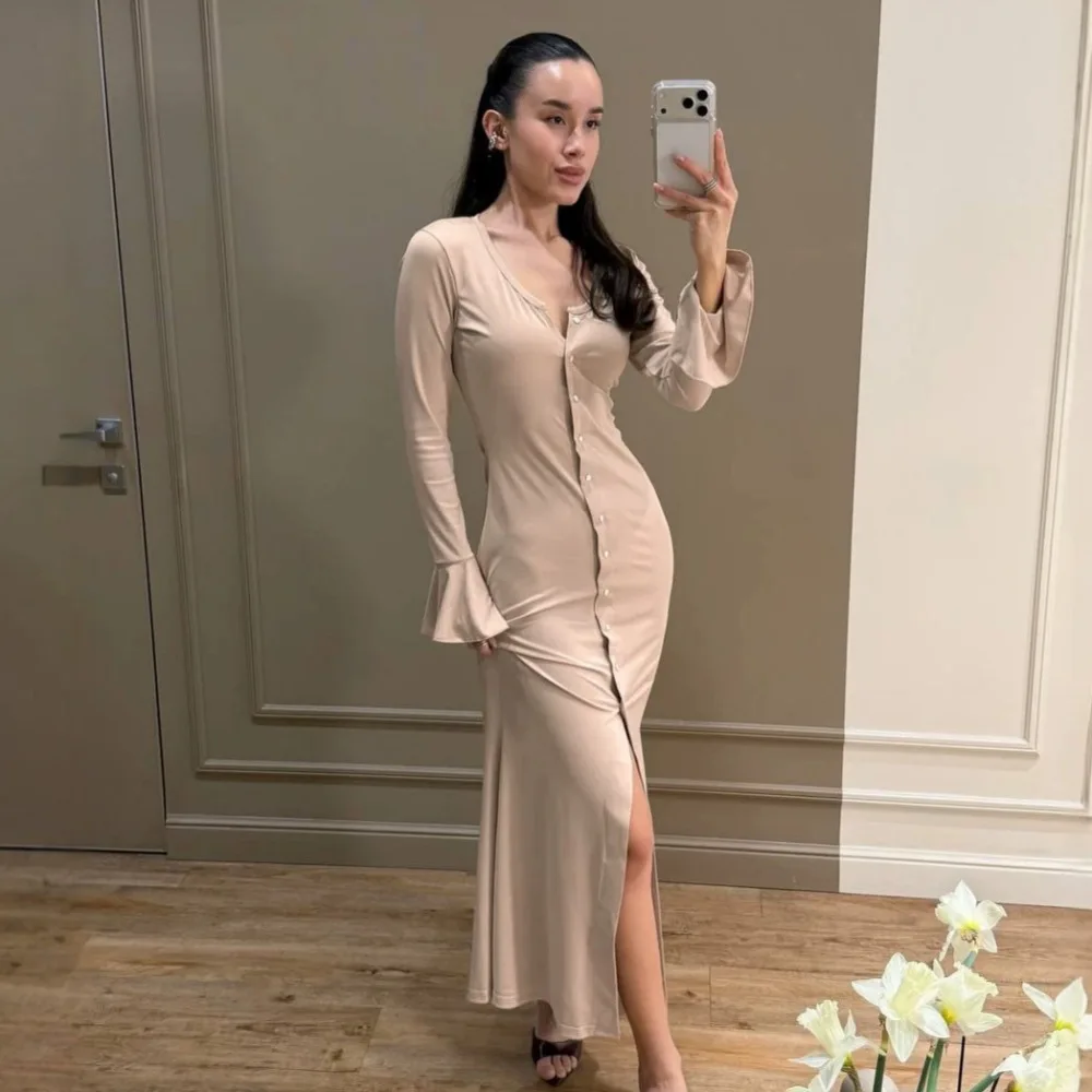Chic Knitted Trumpet Sleeve Fishtail Dress Autumn and Winter Women's Trend Soft Elastic Slim Office Travel Dating U-neck Dress