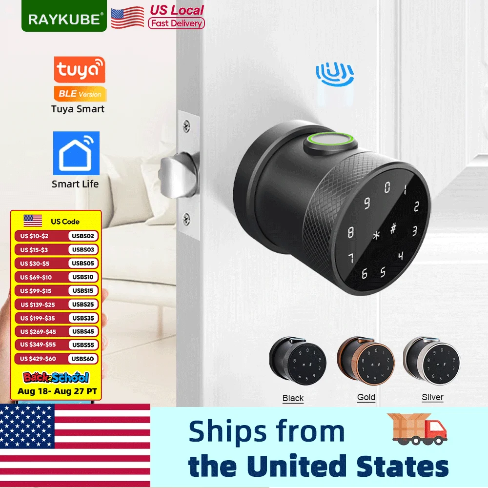 

RAYKUBE L16A Tuya BLE Умный замок с засовом по отпечатку пальца Круглая ручка без ключа Цифровой электрический замок с разблокировкой через приложение/ключ/код от США