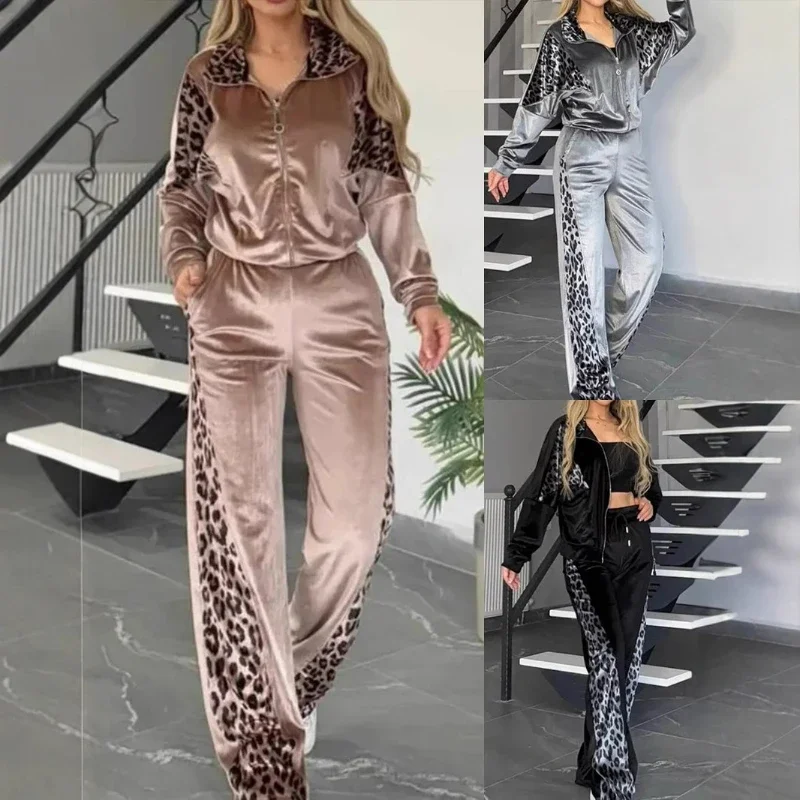 Straight Long Sleeve Jacket Spliced Autumn Winter Women Leopard Print Pant Sets Zipper Turn Down Collar Coats Two Piece