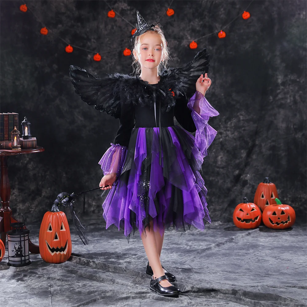 Dideyttawl Baby Girls Halloween Witch Costume Tiered Children Cosplay Dresses Kids Dress Up Clothes Tea Length Customized