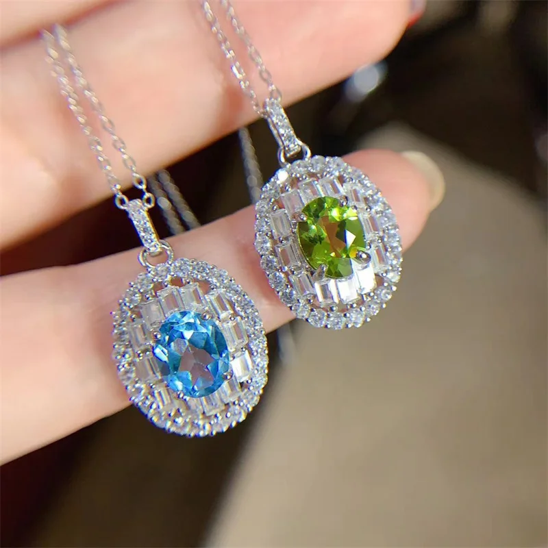 

Pendant S925 Silver Natural Peridot Blue Topaz Necklace for Women Fine Jewelry Gift