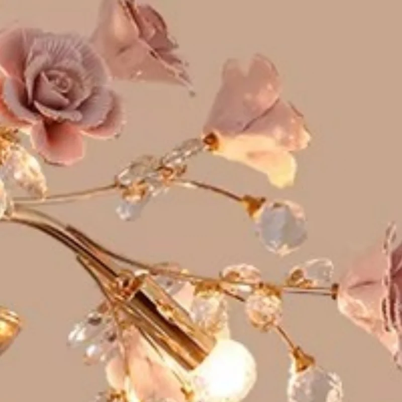 Luxury Bedroom Led Crystal Chandeliers Modern Rose Decoration Chandelier Lighting Nordic Living Room Ceramic Flower Pendant Lamp